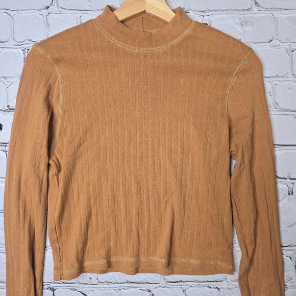 American Eagle Pointelle Mocha Brown Long Sleeve Mock Neck Crop Top Size Large - Picture 2 of 10